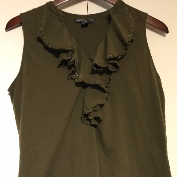 American Living Women's Olive Ruffle Neck Sleeveless Cotton Blouse Top Size L - Picture 7 of 16